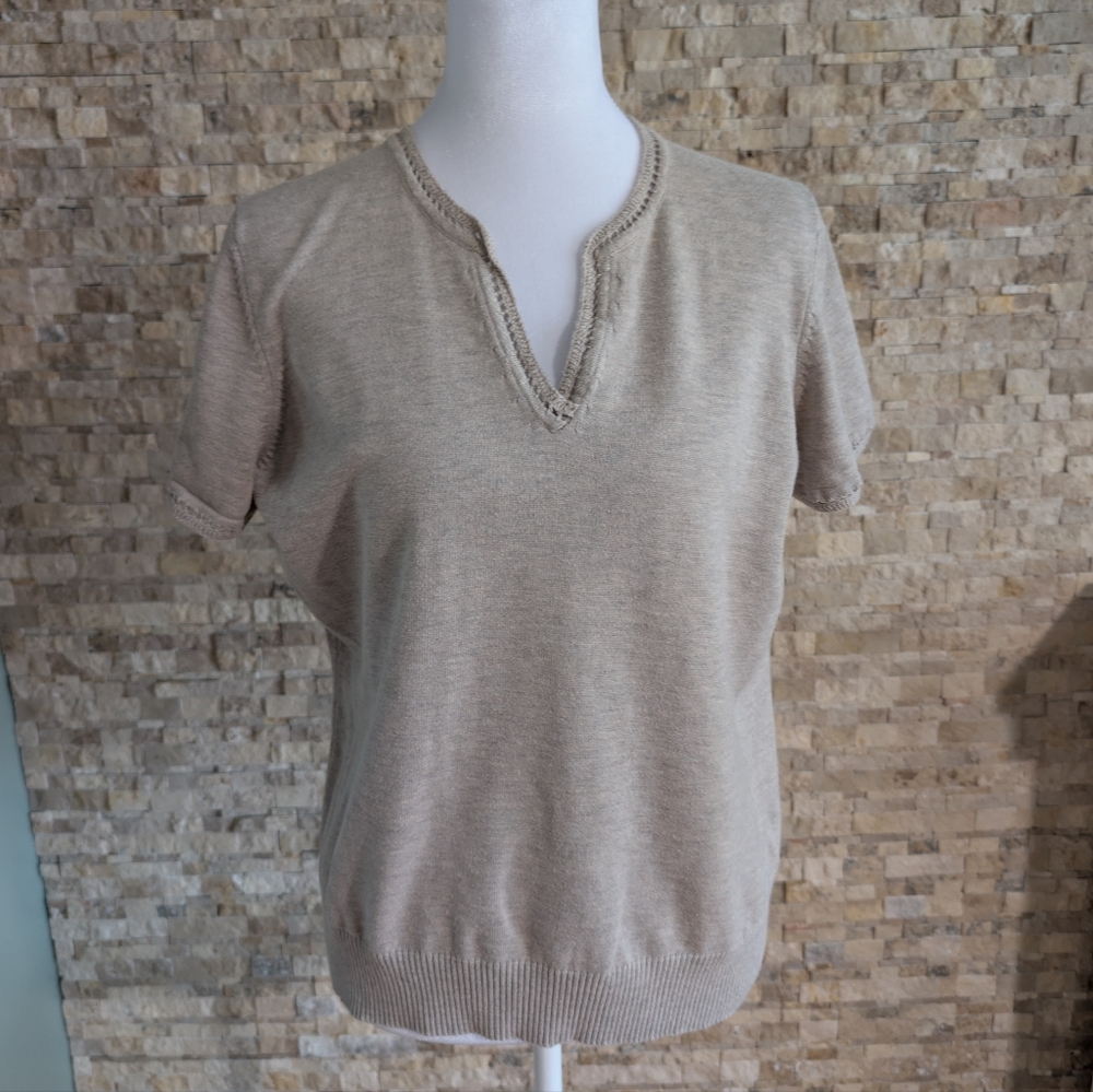 V Neck Short Sleeve Crochet Trim Notch Neck Sweater Top Beige Cream Neutral L